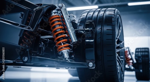 Close-up view of a car suspension system with orange coil springs in a garage setting.