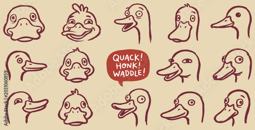 Foto Collection of cartoon duck heads in various expressions and poses, with speech bubble saying Quack Honk Waddle