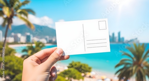 Hand holding blank white postcard against tropical beach background with palm trees and city skyline perfect for travel and vacation themes