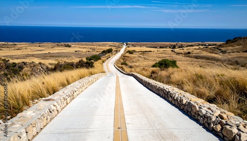 Asphalt road stretches to the horizon with ocean view. Dry grass, blue sky