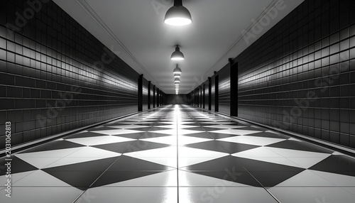 Long, symmetrical hallway with checkerboard floor and dim, recessed lighting