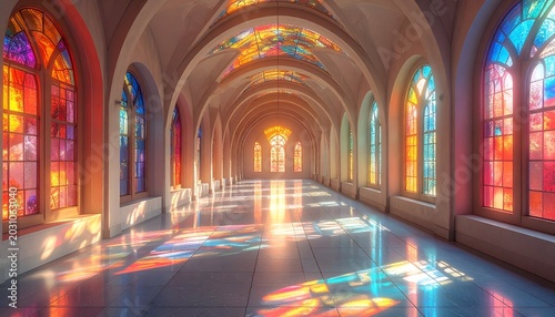 Perspective shot of a long corridor with stained-glass windows, bathed in sunlight