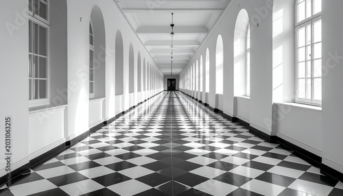 Long, perspective hallway with checkered floor, arched windows, and bright natural lighting