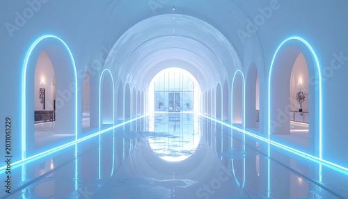 A long, arched hallway with neon blue accents, leading towards a bright opening