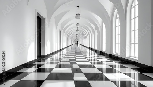 Long, repeating archway hallway with checkerboard floor and bright windows, leading to an unknown end
