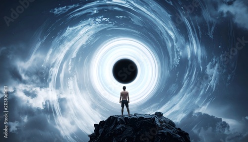 A person gazes at a colossal black hole vortex amidst celestial swirls and ethereal clouds