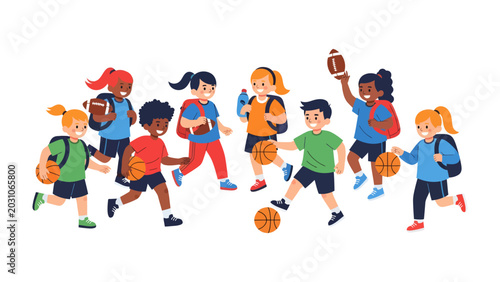 Foto Playful Kids with Sports Gear: A diverse group of energetic children are excitedly engaged in various sports, carrying basketballs, footballs, and backpacks