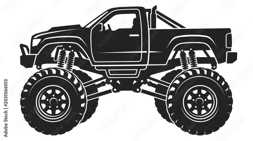 Obraz premium Black and white vector silhouette of an extreme off-road monster truck with giant wheels and high suspension system isolated on a white background.