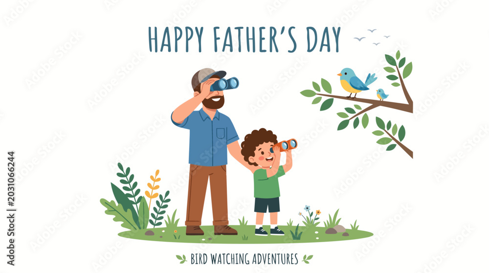 Fototapeta premium Father and Son Bird Watching with Binoculars for Father's Day