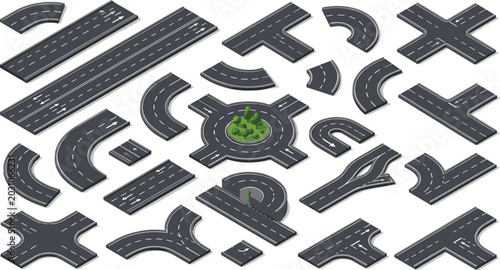 Fotografie Isometric road elements constructor set with highway streets crossroad junctions