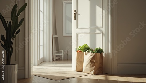 Reusable paper grocery bags with fresh food stand at a modern apartment doorway in warm sunlight. Concepts of grocery delivery, sustainable living, and convenient home shopping.