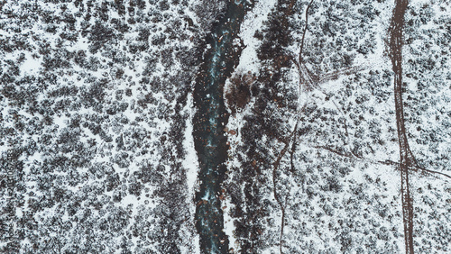 aerial view of river in the snowy mountains in Mendoza, Argentina