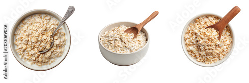 Set of Warm creamy oatmeal served in a simple white bowl, subtle steam, high detail texture, clean composition transparent png background. Ai generated
