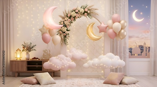 Modern Eid celebration indoor decoration background with pastel pink and gold balloons, crescent moon ornaments, fluffy clouds with fairy lights, and pillows.