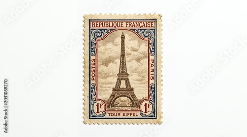 Vintage French postage stamp featuring the iconic Eiffel Tower in Paris, a symbol of heritage and historical communication, presented with intricate philatelic detail