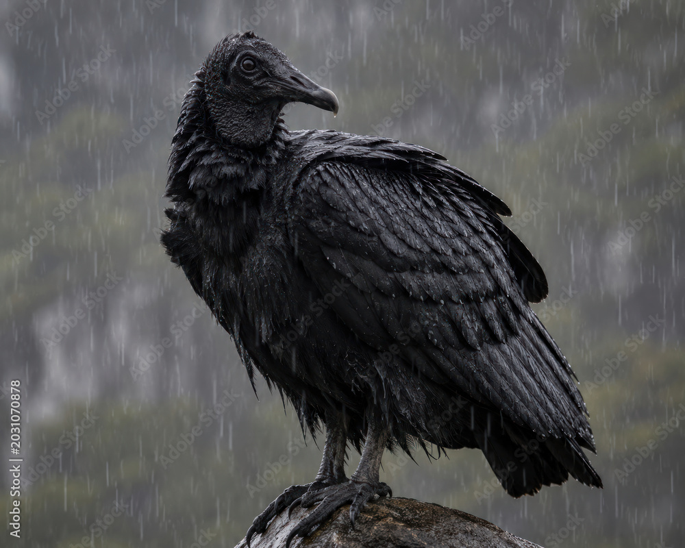Fototapeta premium Black Vulture Standing in Heavy Rain Close Up Dark Wildlife Portrait