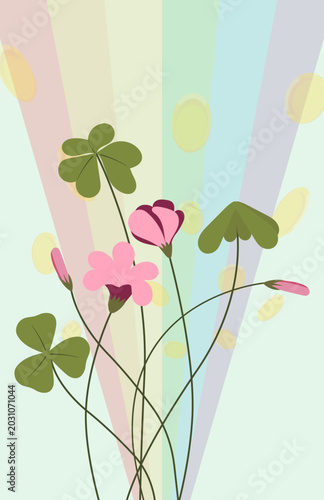 Hand Drawn St Patricks Day Banner with Pink Flowers Shamrock Leaves and Pastel Rainbow Background