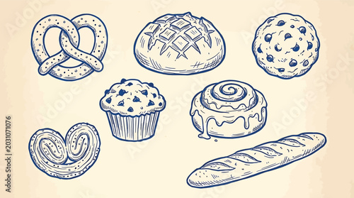 Tableau sur toile Set of various handdrawn bakery items including bread, pretzel, muffin, cinnamon