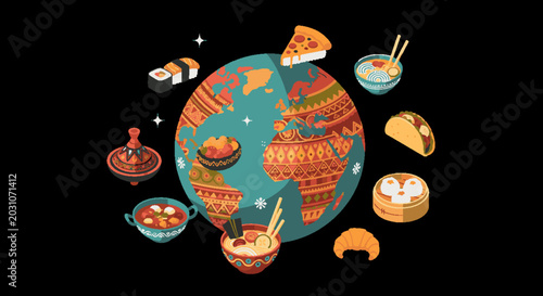 Global Culinary Journey: Diverse Food Culture Around the World, International Cuisine, Eating Habits, and Gastronomy Illustration