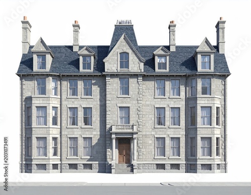 Ornate stone building with a mansard roof and bay windows