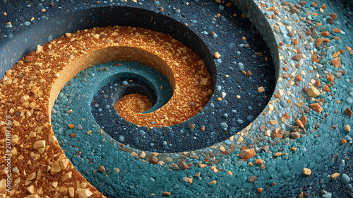 Close-up of colorful spiral pathway with textured gravel and small stones