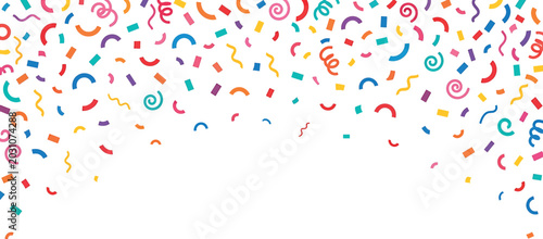 Colorful confetti falling down festive vector illustration with various shapes and colors for party or celebration