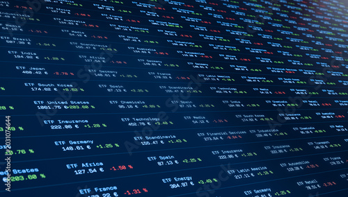 ETF trading board, exchange-traded fund, investment products, stock market and exchange. Wealth, growth, financial markets, making money, trading stocks, strategy.