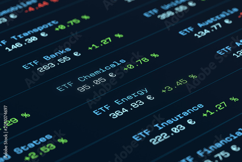 Close-up ETF trading board, exchange-traded fund, investment products, stock market and prices. Wealth, growth, financial markets, making money, trading stocks, strategy.