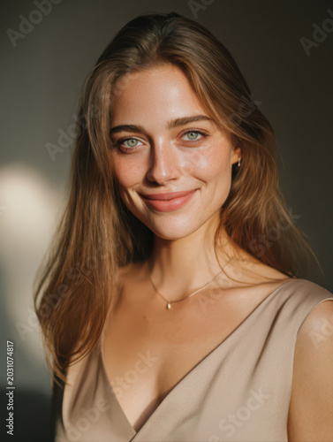 Medium shot of a young woman with a warm, friendly, and welcoming smile