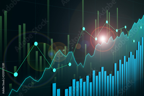 Abstract rising business chart, line graph and bar graph. Lens flairs and light effect in the image. Strong growing business, success, revenue or sales upward, progress, improvement, wealth.