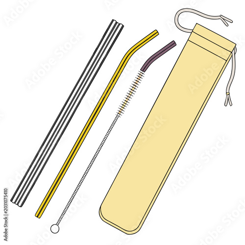Stainless steel reusable metal straw collection isolated on white background vector illustration