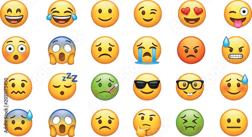 Schilderij op canvas Set of various yellow emoji faces with different expressions and emotions
