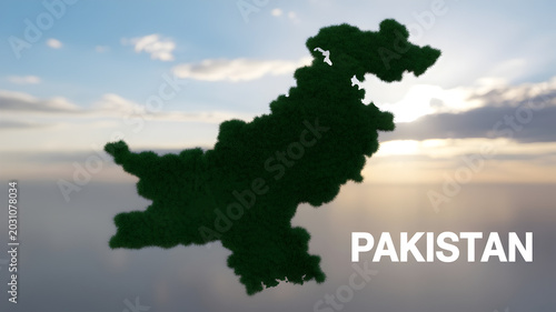 Pakistan map made of grass floating in sky during sunset with text Pakistan.