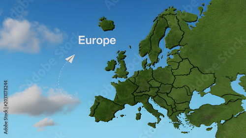 Green grassy map shape of europe on blue sky with clouds and paper airplane.