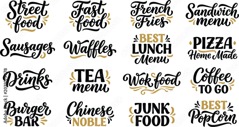 Obraz premium Street Food Typography Badge Vector Bundle Featuring Elegant Script Lettering and Gold Swirl Flourishes for Cafe Branding and Kitchen Crafts