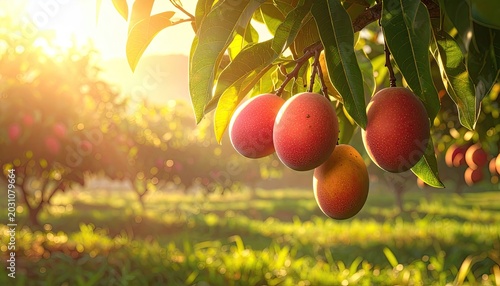 Ripe mangoes hang on branches, bathed in golden sunrise light over an orchard