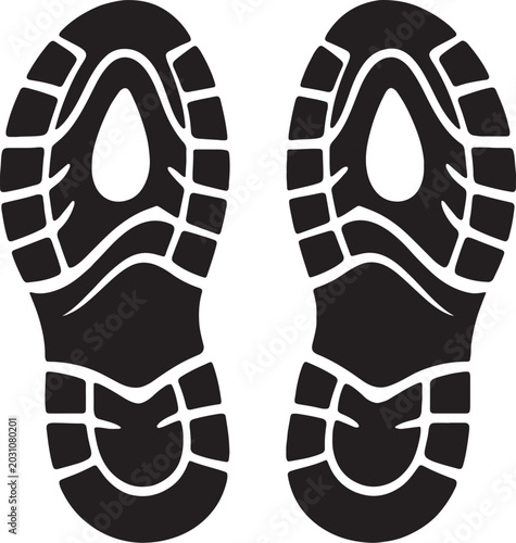 Black silhouette of two shoe footprints with deep tread patterns on a white background, also transparent background