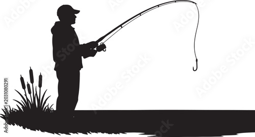 Silhouette of a person wearing a cap and jacket, fishing with a bent rod and hook against a white background, with cattails and grass on the left also transparent background