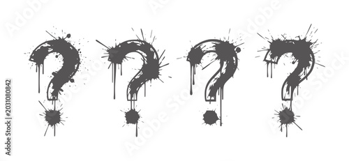 Tableau sur toile Four dark gray question marks with ink splatters and drips symbol punctuation