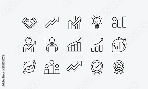 Success web icons in line style. Handshake, growth profit, innovation, increase sale, coaching, progress, strategy, achievment, collection
