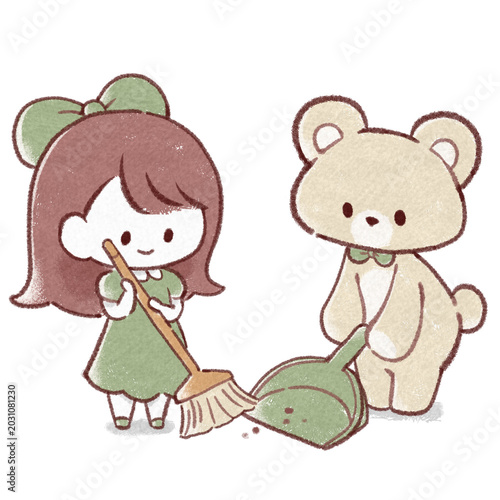 ほうきで掃除をする女の子とクマ