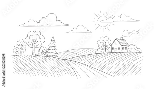 Hand drawn of a rural landscape with rolling fields and a small house