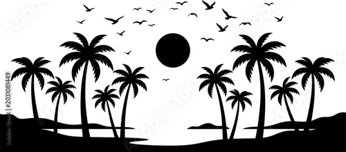 Photography Tropical island silhouette with palm trees and a flock of birds flying past the