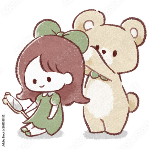 女の子の身支度を手伝うクマのイラスト