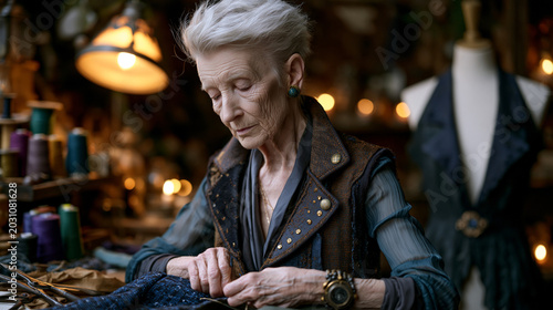 Elderly seamstress in cluttered atelier pins a deconstructed jacket on a dress form, warm lamplight catching thread spools and worn shears, decades of craft visible in every detail, perfect for fash
