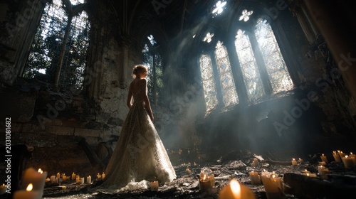 Bride in Abandoned Chapel with Candles
