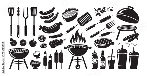 Canvastavla Barbecue grill equipment and food assortment black and white vector illustration