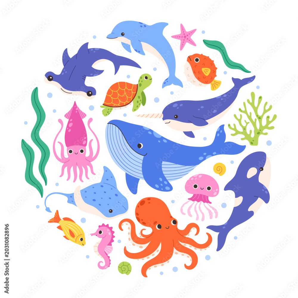 Fototapeta premium Cute ocean animals set. Underwater world with fishes, octopus, whale, shark, dolphin, jellyfish, turtle, seahorse, squid, narval, hammerhead shark, coral, algae. Flat vector illustration