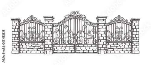 Foto Ornate wrought iron gate with brick pillars and decorative scrollwork