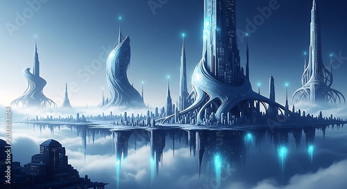 Futuristic floating city with organic architecture and glowing cyan lights rising above clouds in a dreamlike digital fantasy illustration